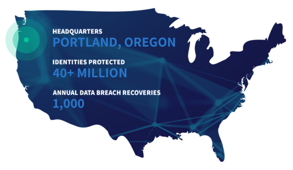 Map of USA with text "Headquarters: Portland, Oregon; Identities Protected: 40+ Million; Annual Data Breach Recoveries: 500"