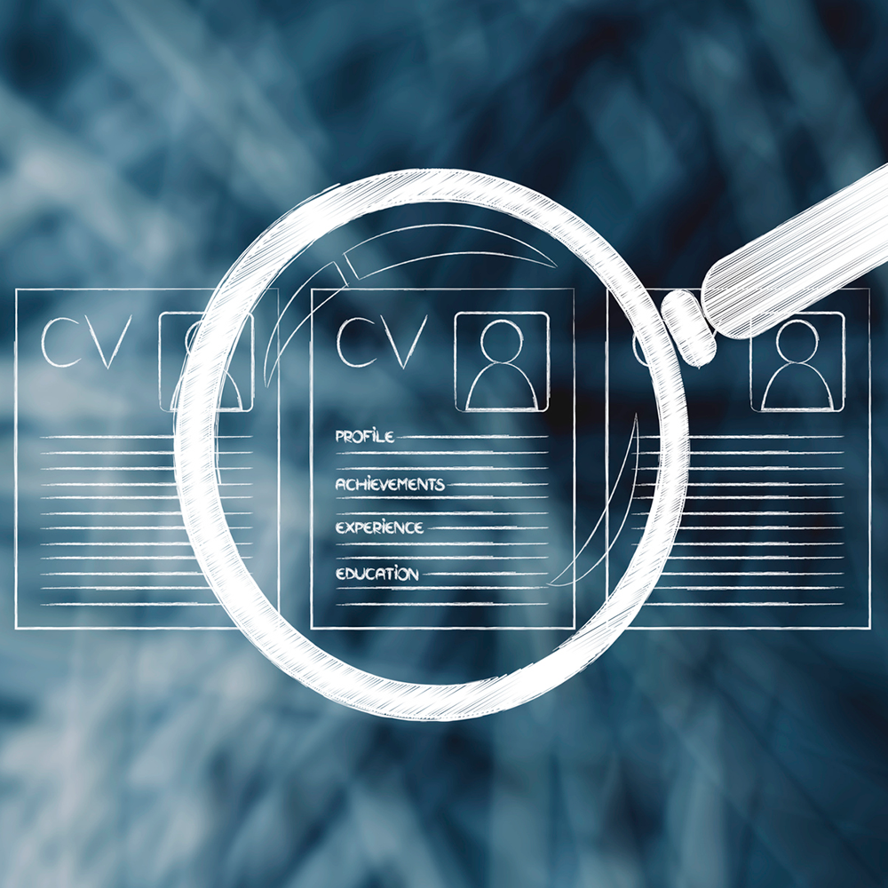 illustration of magnyfing glass over a digital resume to represent unemployment fraud and identity theft protection