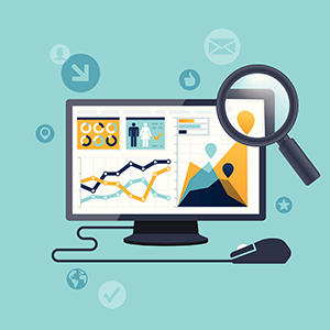 Illustration of a computer and magnifying glass to represent how personal healthcare data is at risk by profitable cybercrime