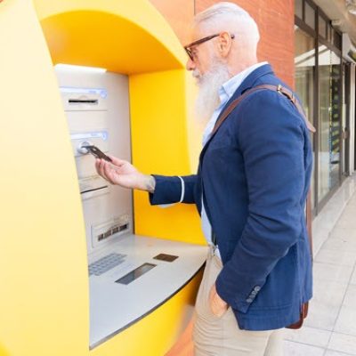 Person at yellow atm